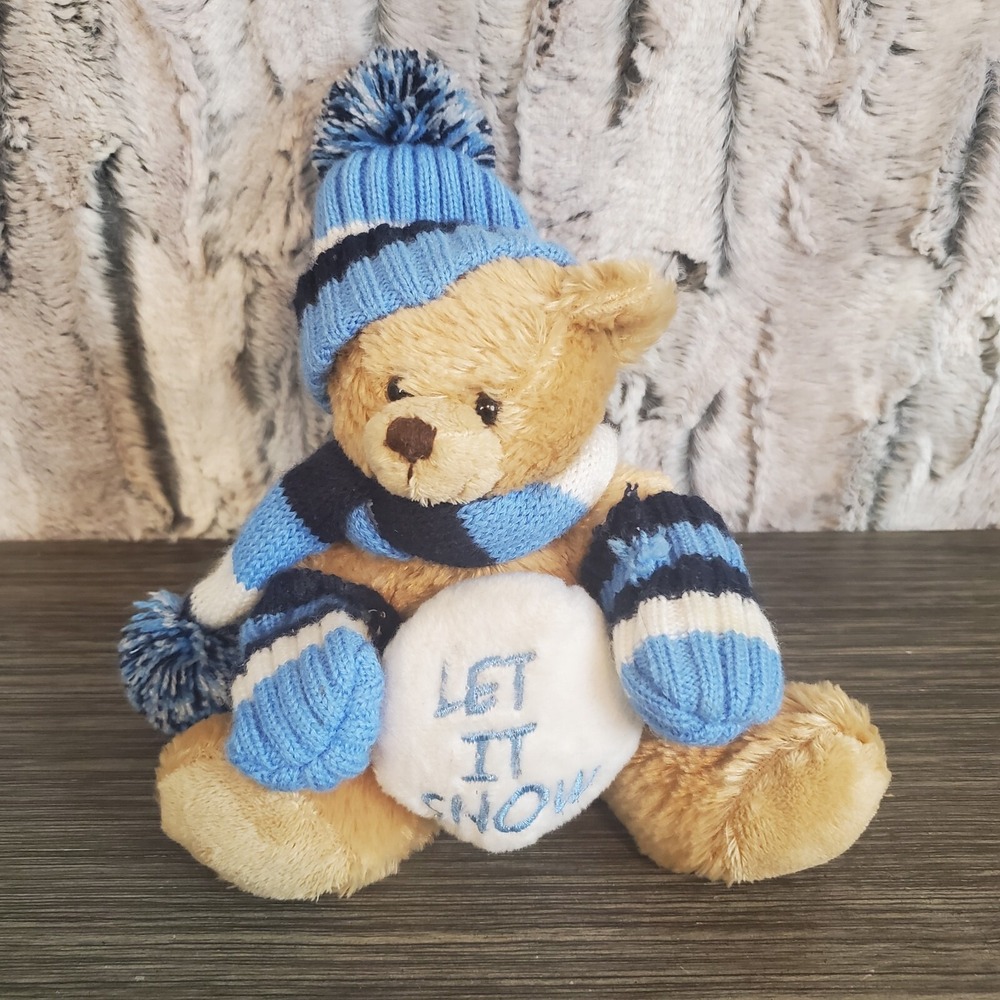 Plushland LET IT SNOW Teddy Bear 5" Winter Stuffed Animal Knit Hat, Snowball